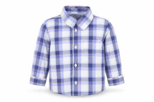 Front view of Matoral boys’ blue check cotton basic button-up, size 6-9, months collared button