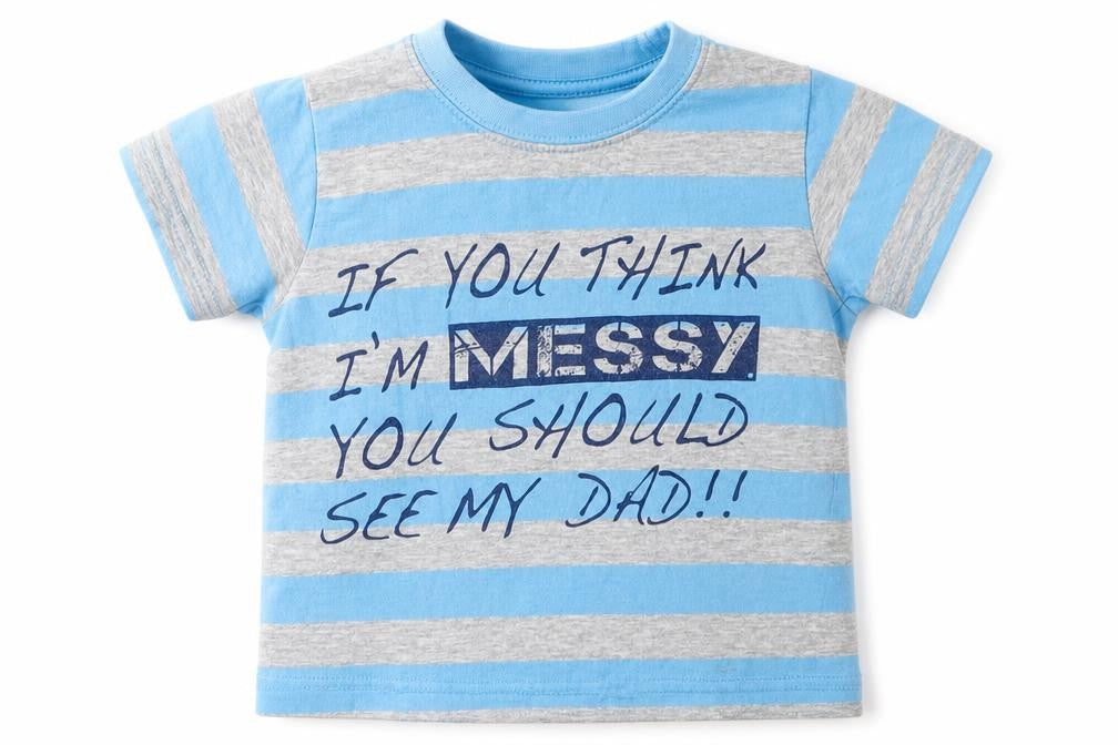 Front view of Matalan boys’ blue striped cotton basic t-shirt, size 9-12, months crew neck pullover - dad daddy