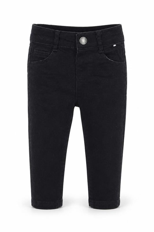 Front view of Denim & Co. girls’ black cotton jogger jeans, size 6-9, months snap