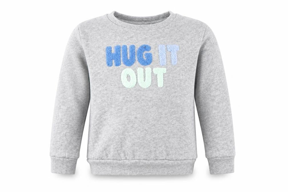 Front view of Peter Alexander girls’ grey crew neck cotton jumper, size 2, years pullover