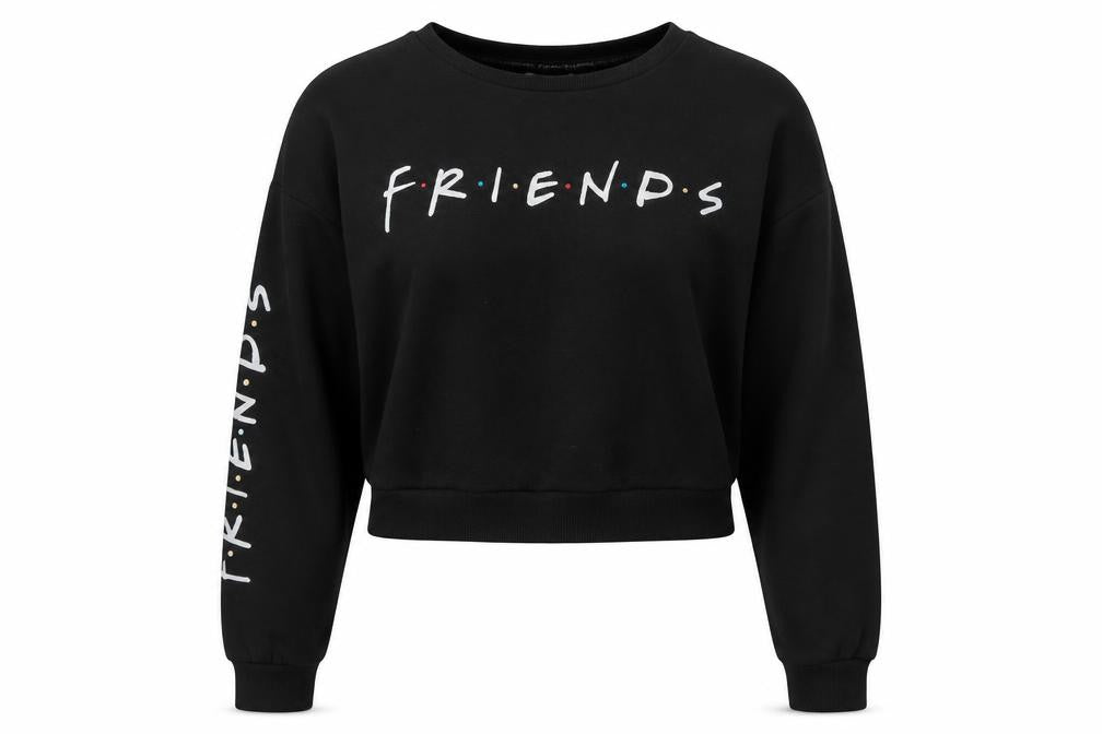 Front view of Primark girls’ black cotton pullover sweatshirt, size 11-12, years pullover - friends