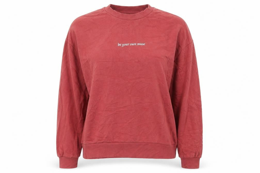 Front view of Bershka women’s purple cotton pullover sweatshirt, size S, pullover