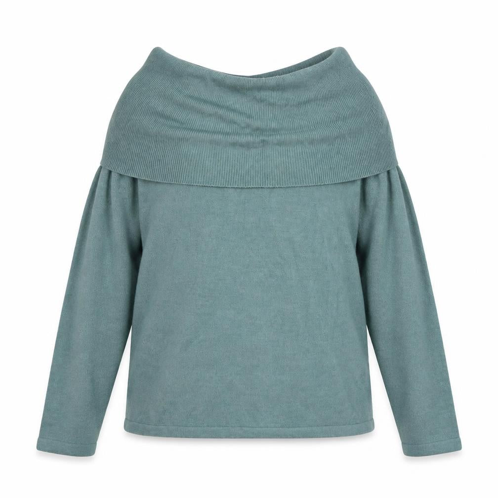 Front view of Marks & Spencer women’s blue roll neck acrylic jumper, size UK 12