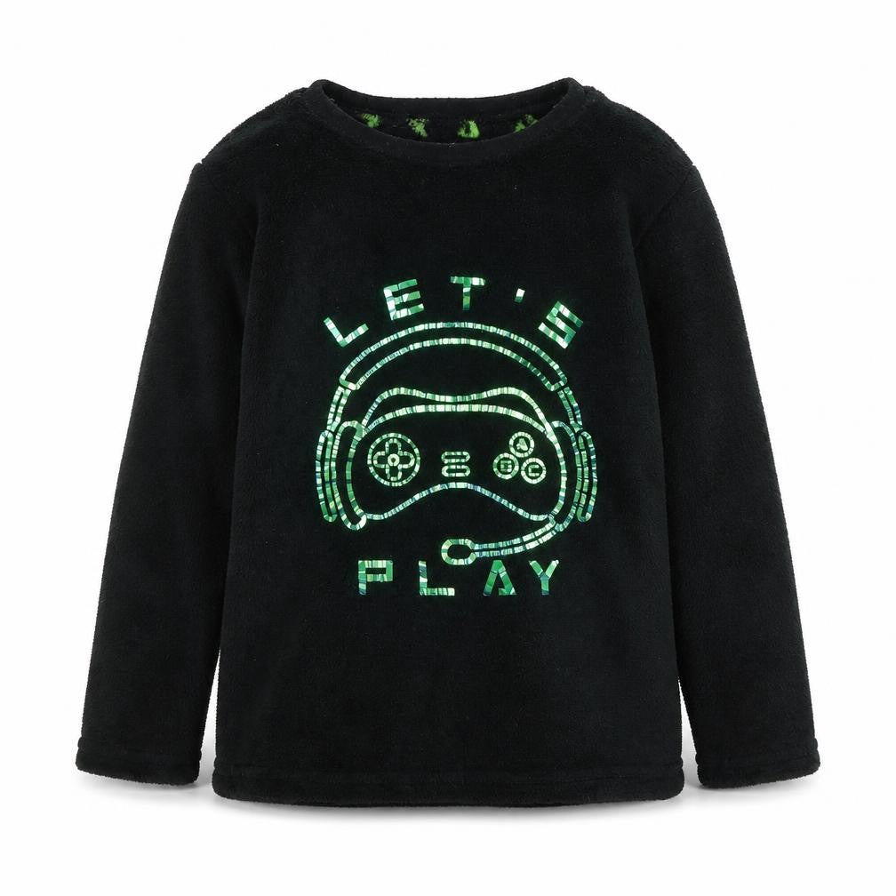 Front view of Primark boys’ black geometric 100% polyester pullover sweatshirt, size 7-8, years