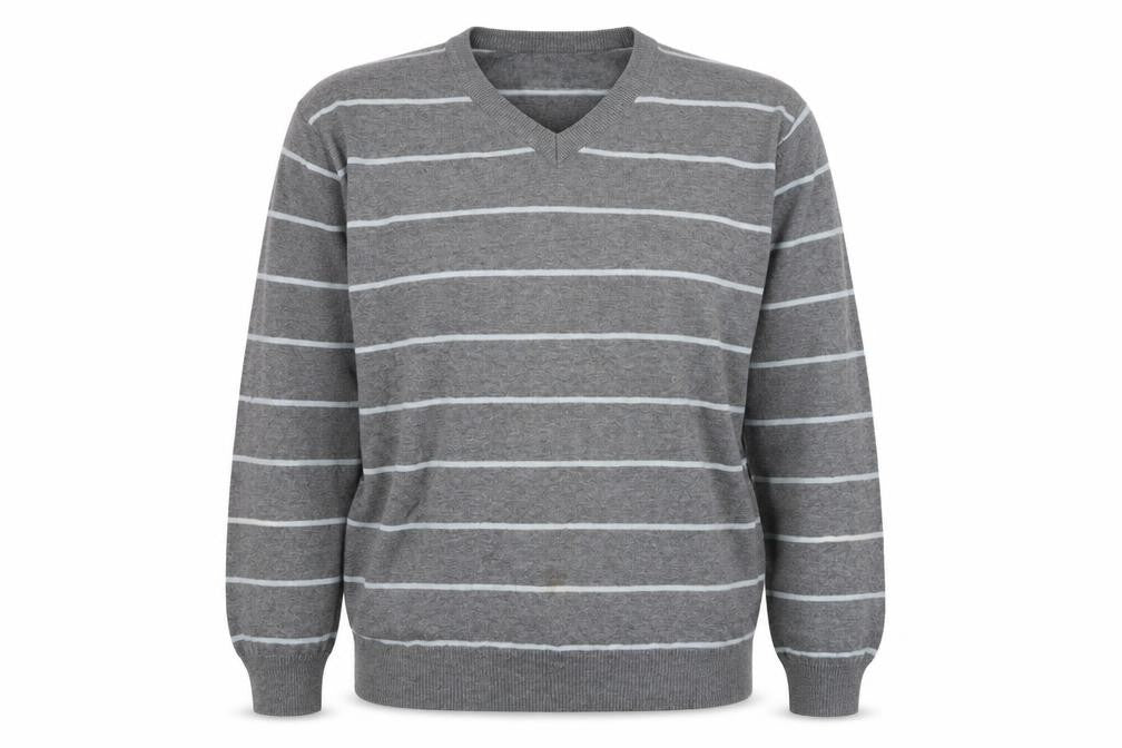Front view of Easy women’s grey v-neck striped 100% cotton jumper, size L