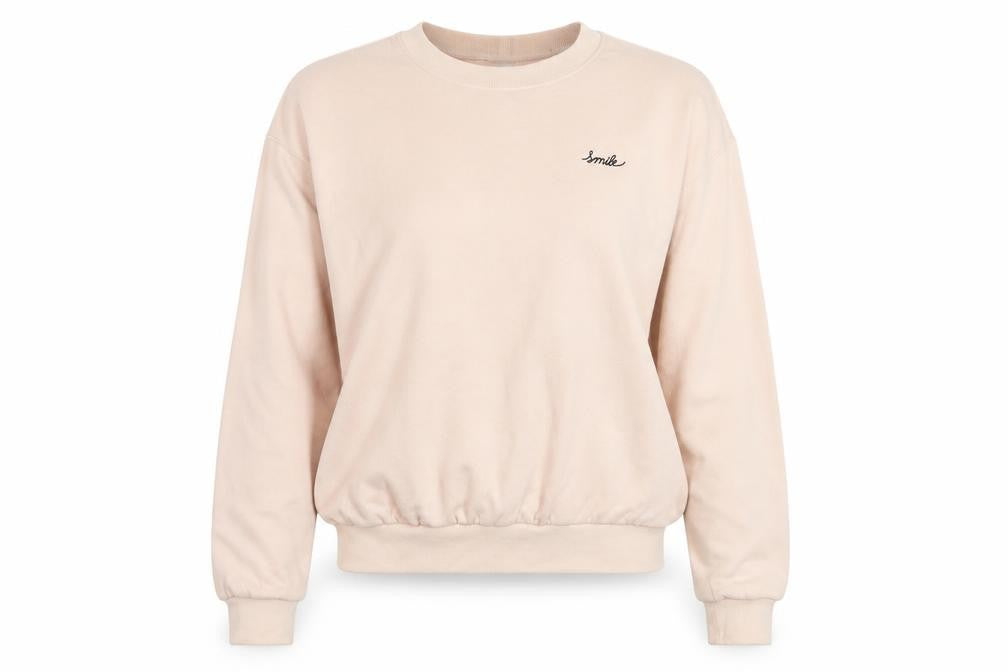 Front view of H&M women’s pink cotton pullover sweatshirt, size S, pullover - smile