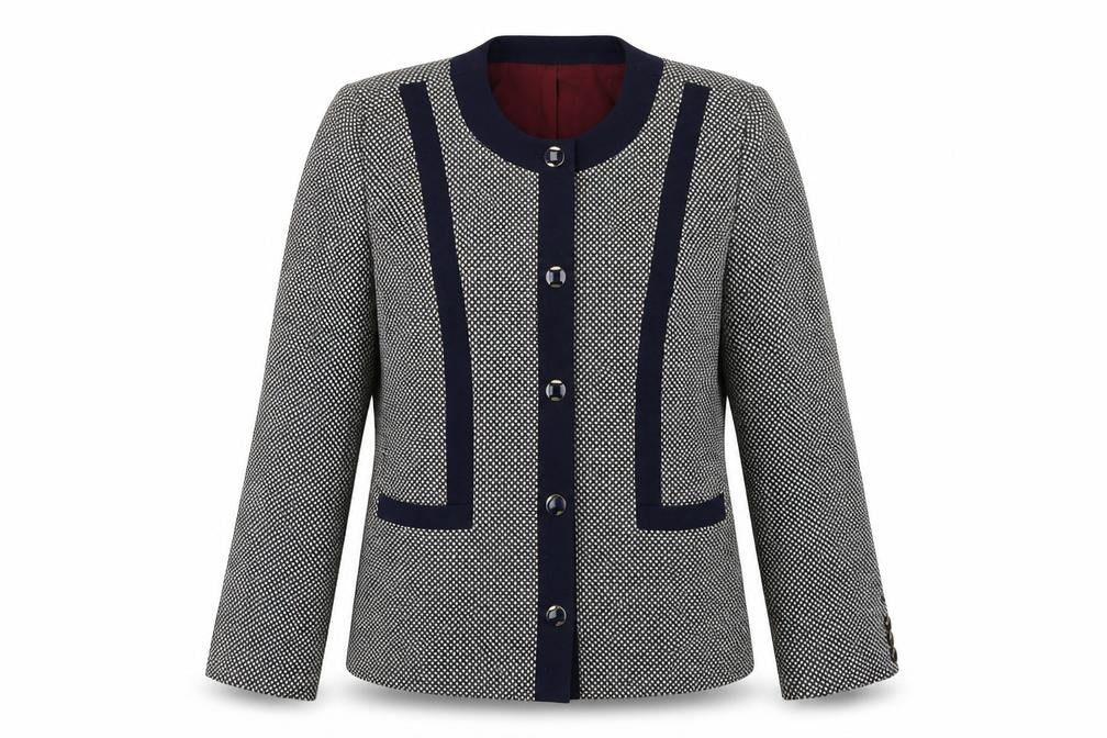 Front view of Dorene women’s blue geometric jacket blazer, size UK 12, button