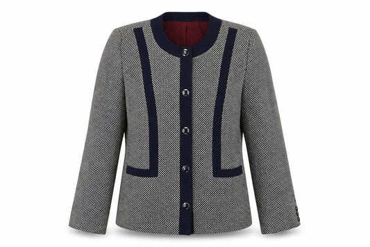 Front view of Dorene women’s blue geometric jacket blazer, size UK 12, button
