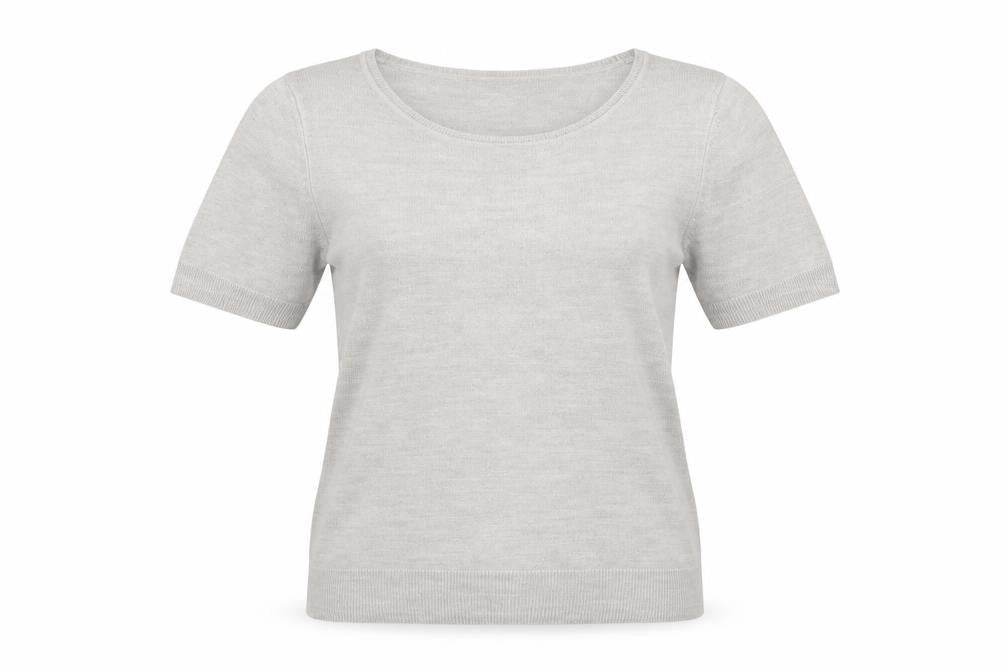 Front view of Marks & Spencer women’s grey scoop neck acrylic jumper, size UK 8