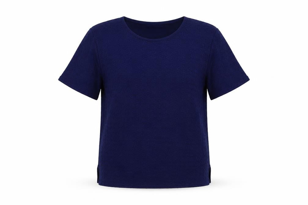Front view of Pure & Natural women’s blue polyester basic blouse, size M, crew neck