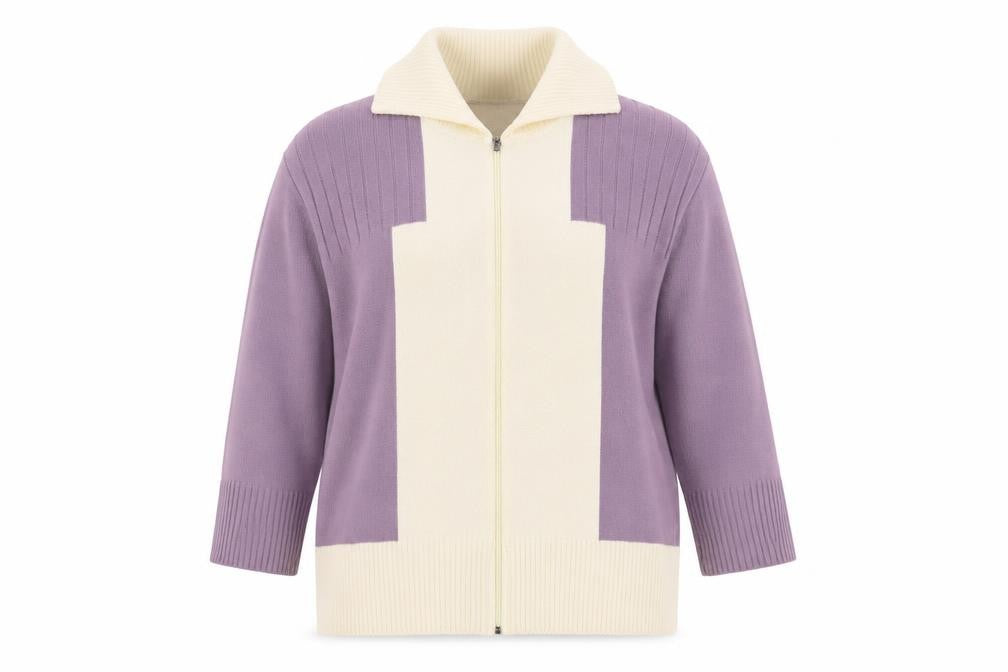 Front view of Insight women’s purple collared acrylic full zip jumper, size L