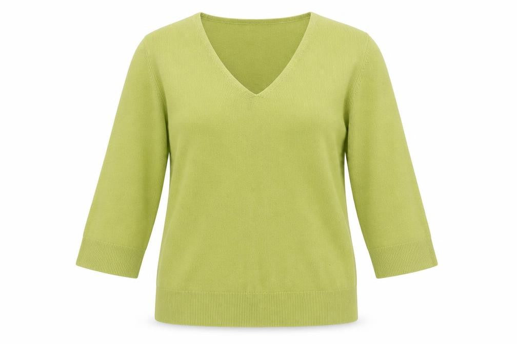 Front view of Essence women’s green v-neck acrylic jumper, size UK 16