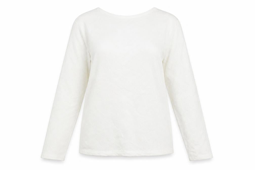Front view of Preworn women’s white round neck geometric cotton jumper, size M