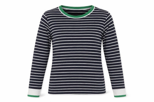 Front view of George women’s blue round neck striped polyester jumper, size UK 12