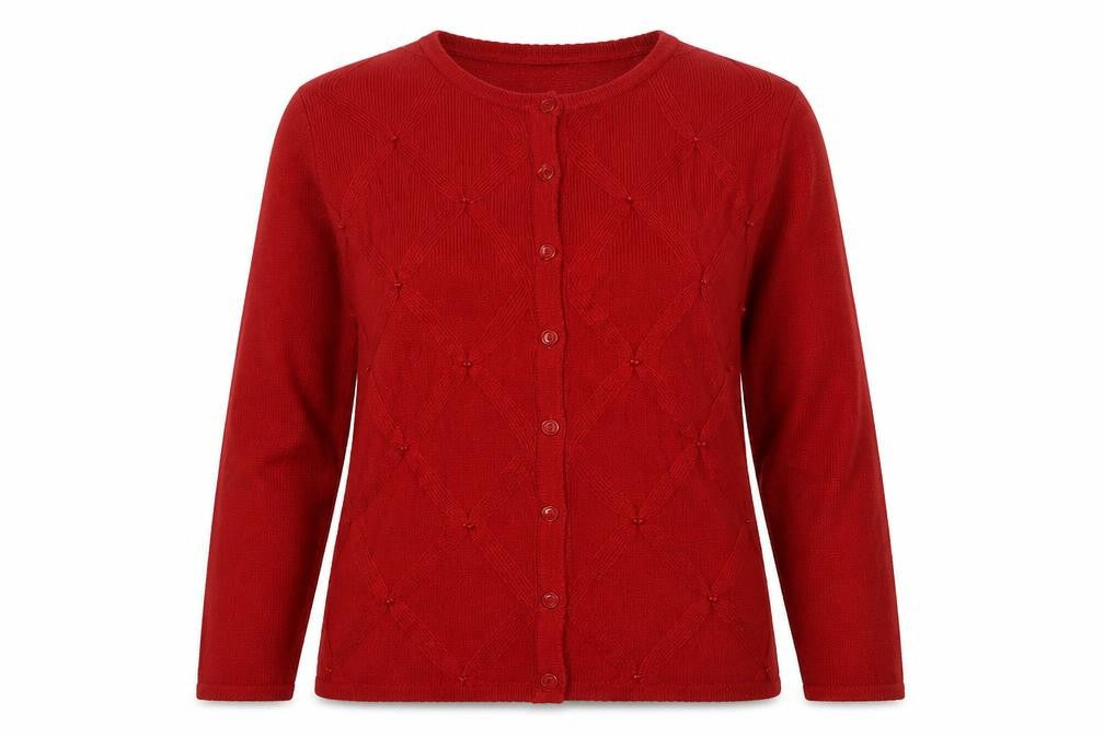 Front view of Bonmarché women’s red round neck geometric acrylic jumper, size M
