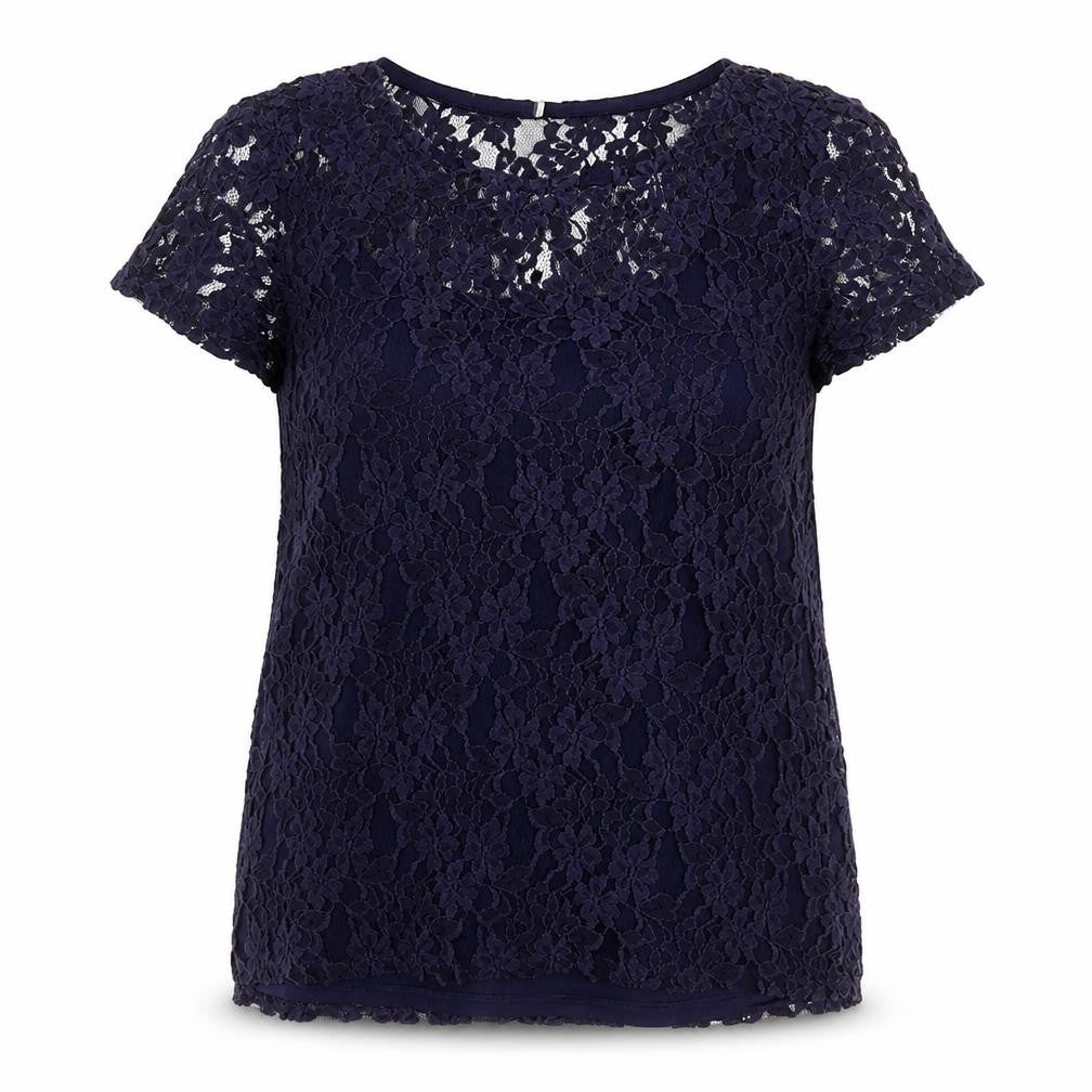 Front view of Preworn women’s blue round neck floral viscose jumper, size UK 14