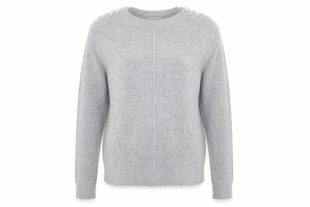 Front view of Marks & Spencer women’s grey round neck acrylic jumper, size UK 10