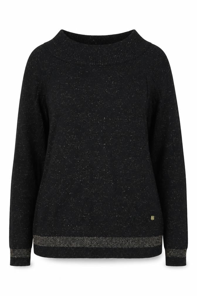 Front view of Bira women’s black mock neck nylon jumper, size UK 12