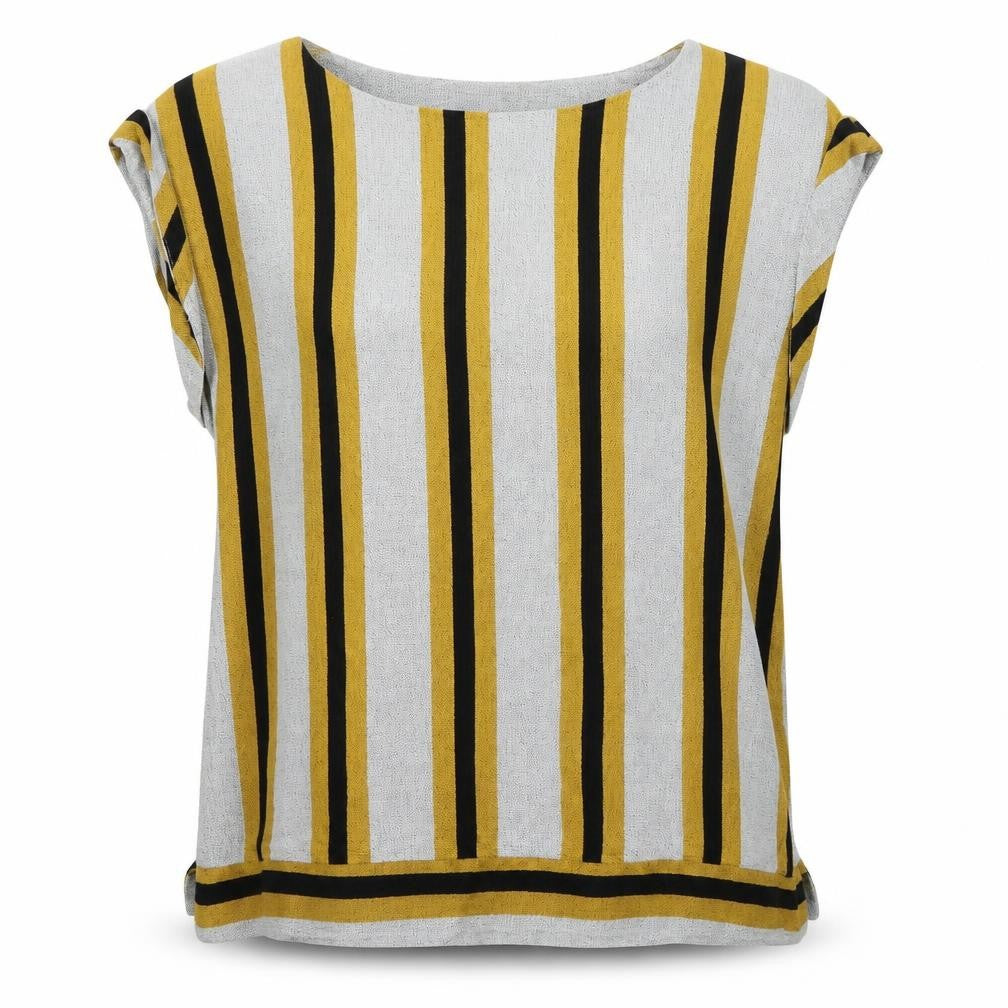Front view of Next women’s multicoloured round neck striped viscose jumper, size UK 12