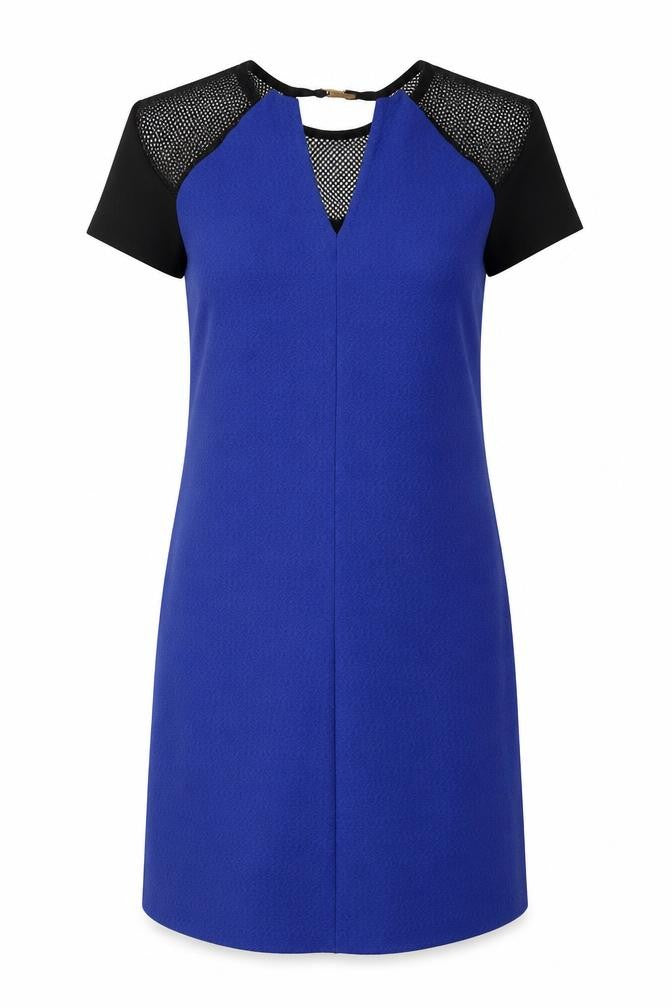 Front view of River Island women’s blue polyester shift, size UK 8, round neck