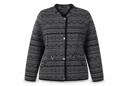 Front view of Klaas women’s grey geometric jacket, size UK 10, zip