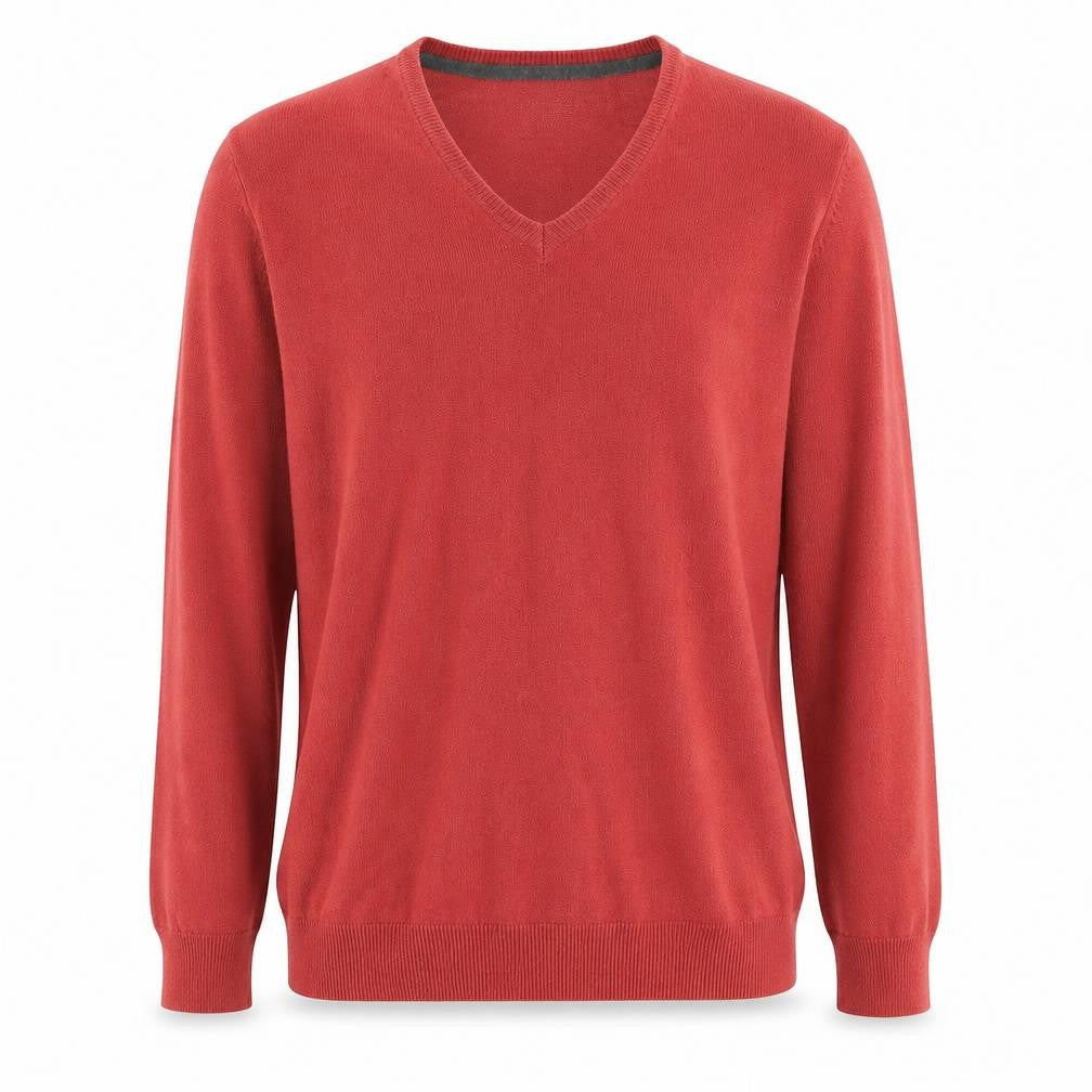 Front view of Marks & Spencer men’s red v-neck acrylic jumper, size S