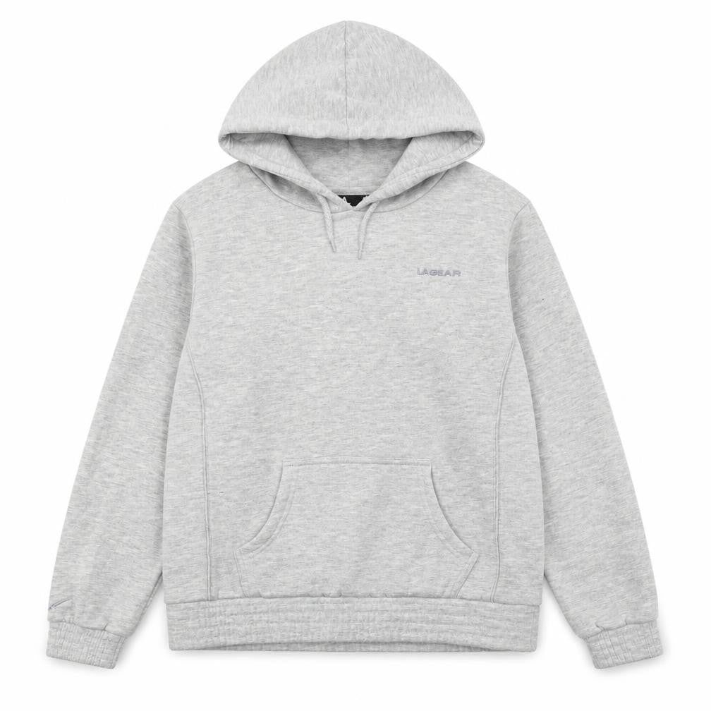 Front view of LA Gear women’s grey polyester pullover hoodie, size UK 10, tie