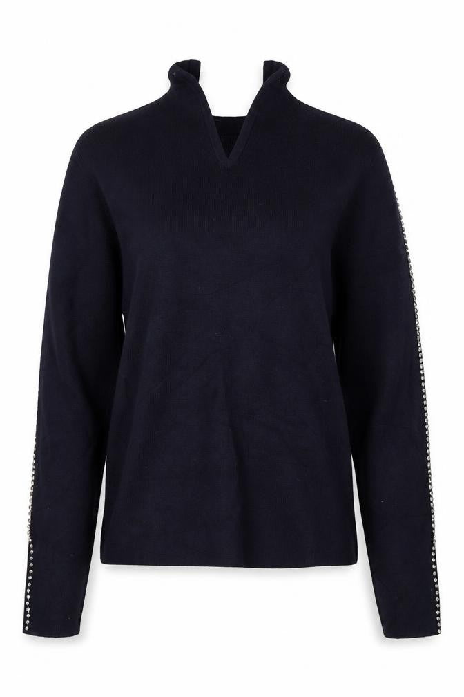Front view of Warehouse women’s blue round neck viscose jumper, size UK 6