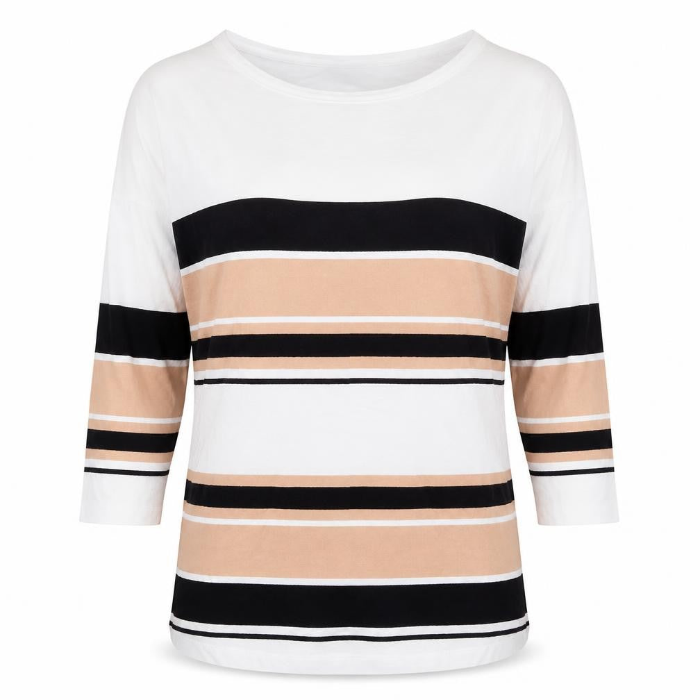 Front view of New Look women’s white striped cotton basic t-shirt, size UK 10, round neck