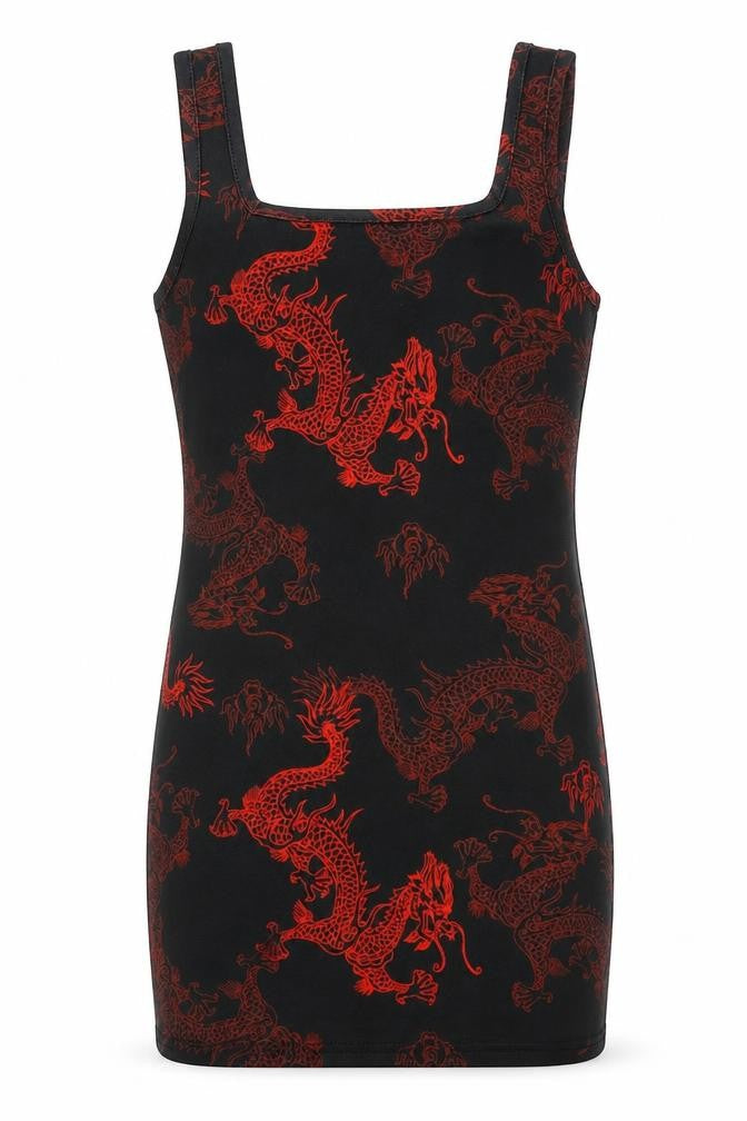 SheIn Girls Black  Polyester Tank Dress  Size 9 Years  Square Neck Pullover - Red Dragons