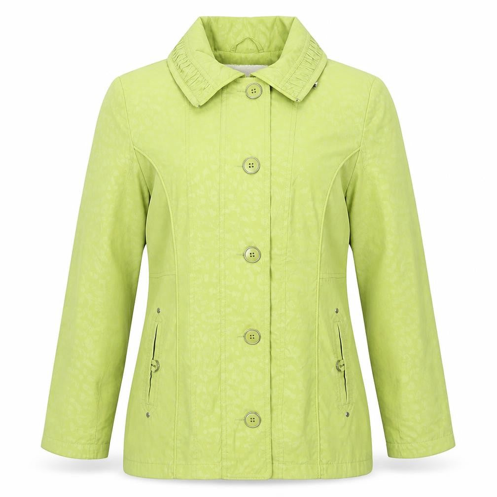 Front view of Isle women’s green animal print jacket coat, size UK 12, zip
