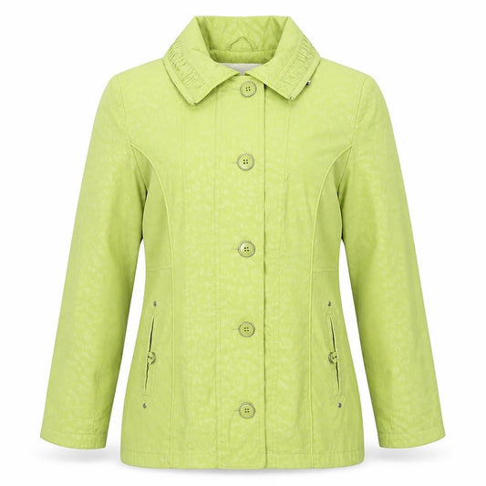 Front view of Isle women’s green animal print jacket coat, size UK 12, zip
