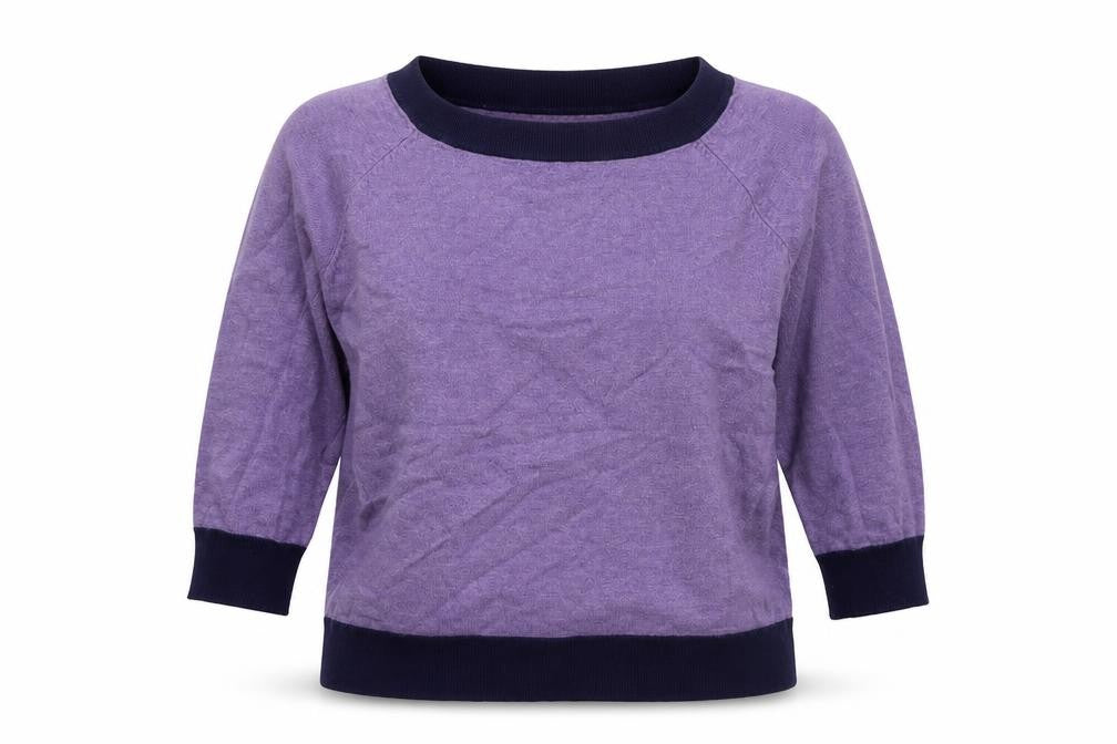Front view of M&Co women’s purple boat neck acrylic jumper, size UK 12