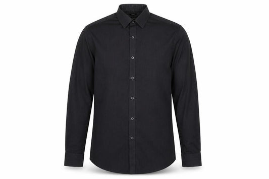 Front view of F&F men’s black polyester button-up, size 15.5 collared button
