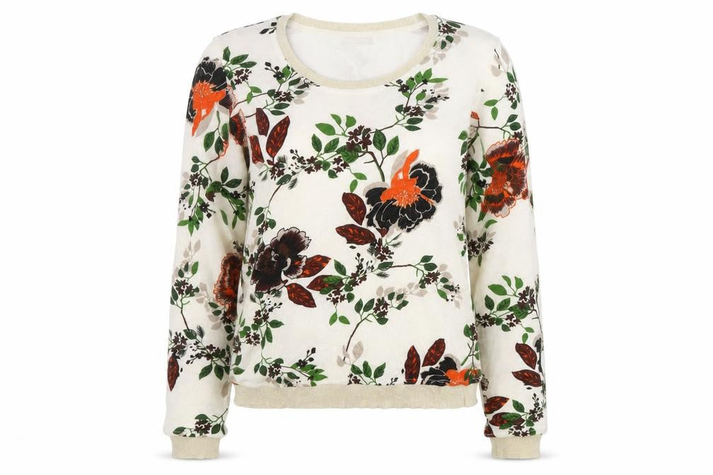 Front view of Fransa women’s multicoloured round neck floral viscose jumper, size S