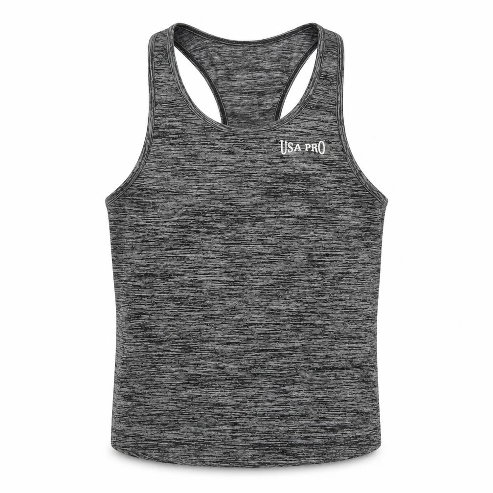 Front view of USA Pro girls’ grey polyester basic tank, size 9-10, years round neck