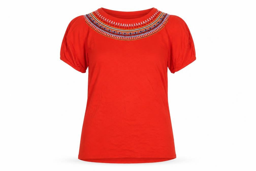 Front view of Pep&Co women’s red geometric viscose basic t-shirt, size UK 10, round neck - shoulder detail