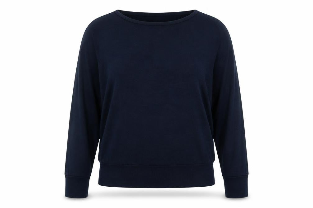 Front view of Apricot women’s blue round neck viscose jumper, size M