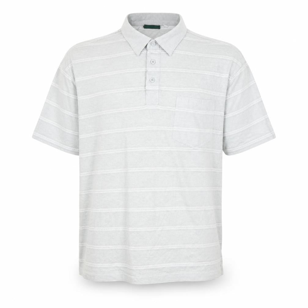 Front view of Preworn men’s grey striped polyester polo, size L, collared