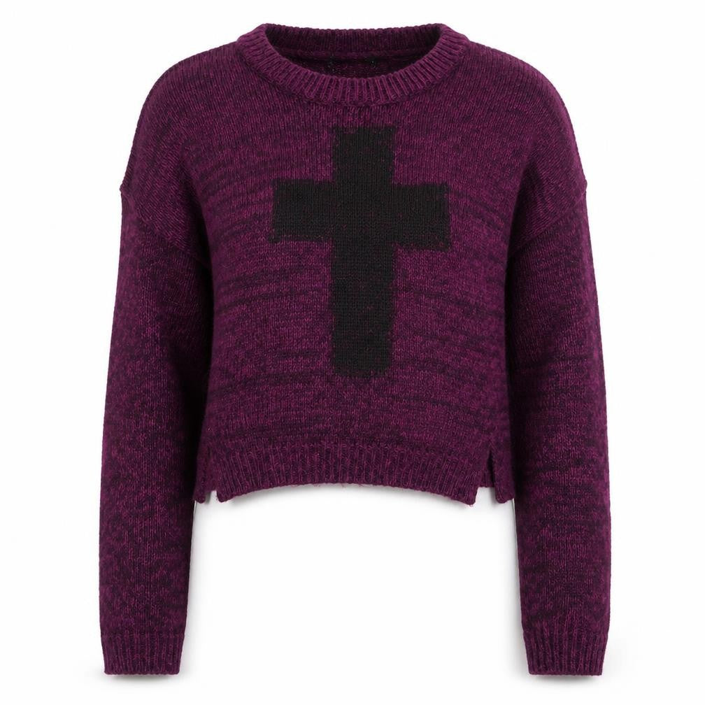 Front view of New Look women’s purple round neck acrylic jumper, size UK 10