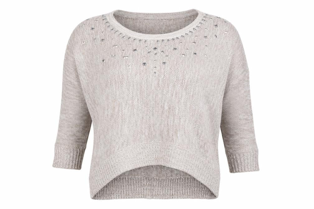 Front view of Peacocks women’s beige round neck acrylic jumper, size L