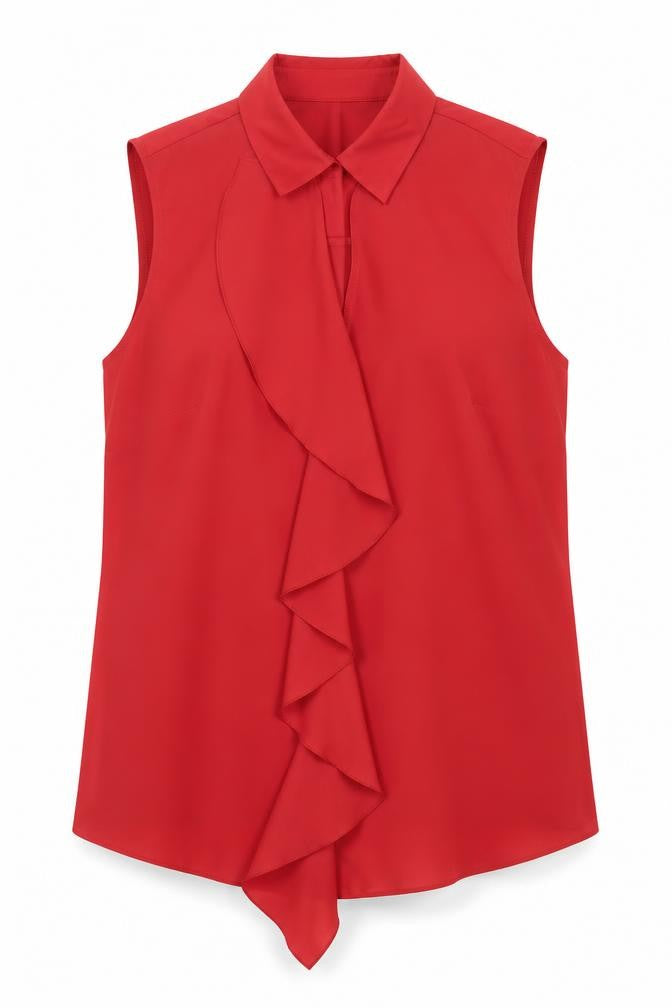 Front view of Per Una women’s red polyester basic tank, size UK 12, collared