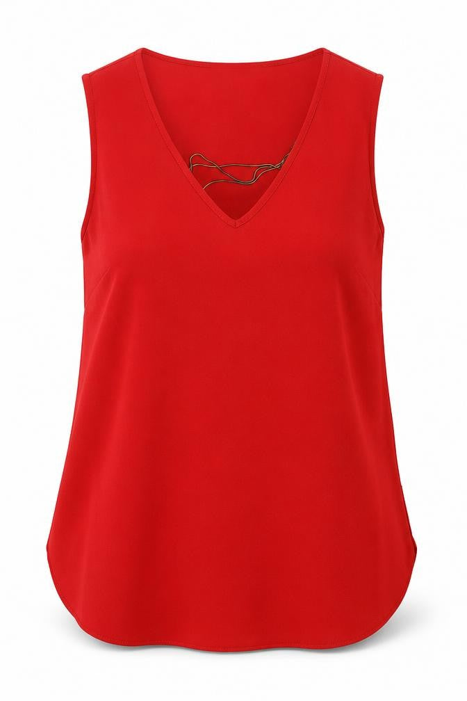 Front view of Atmosphere women’s red polyester basic tank, size UK 10, v-neck