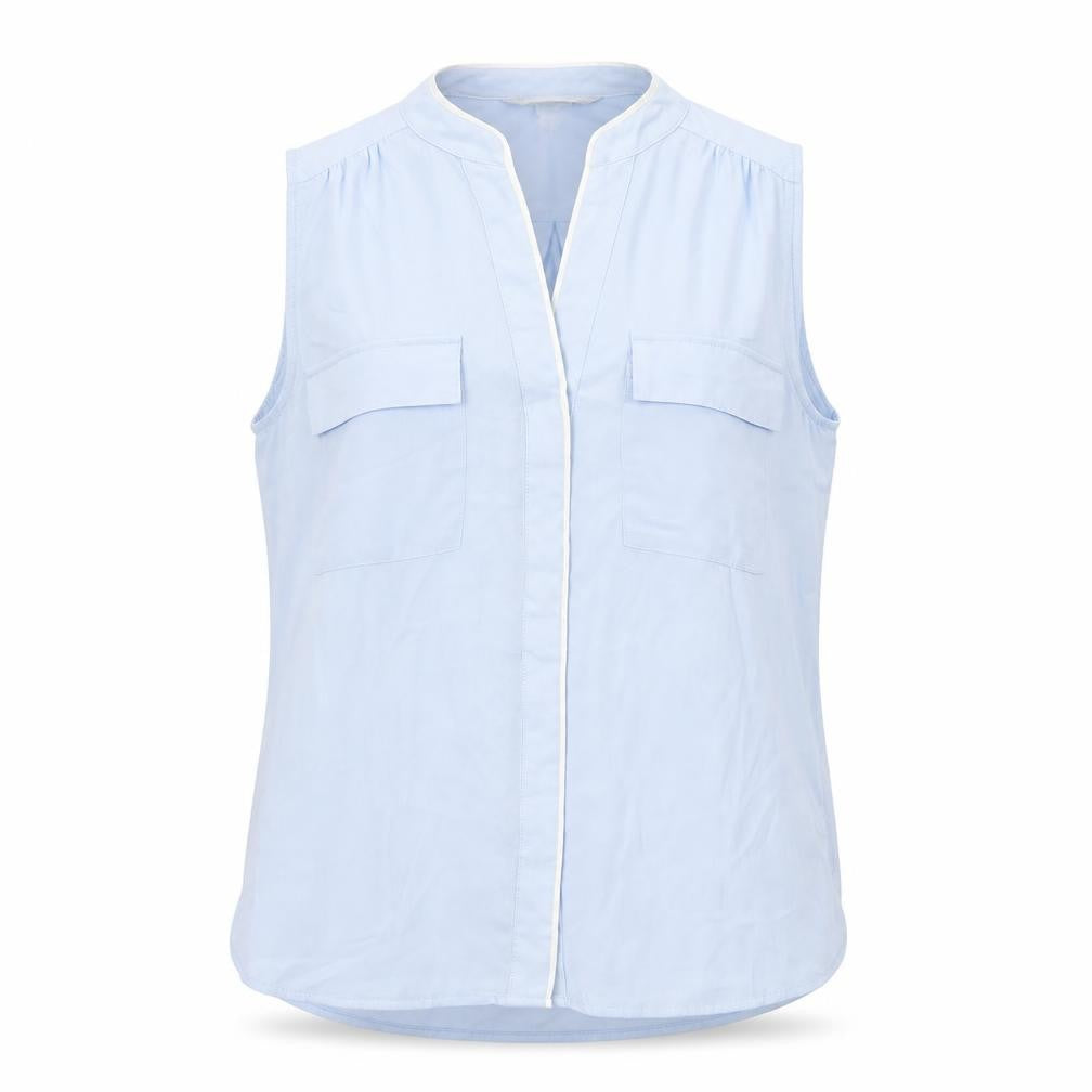 Front view of H&M women’s blue polyester basic button-up, size UK 6, v-neck