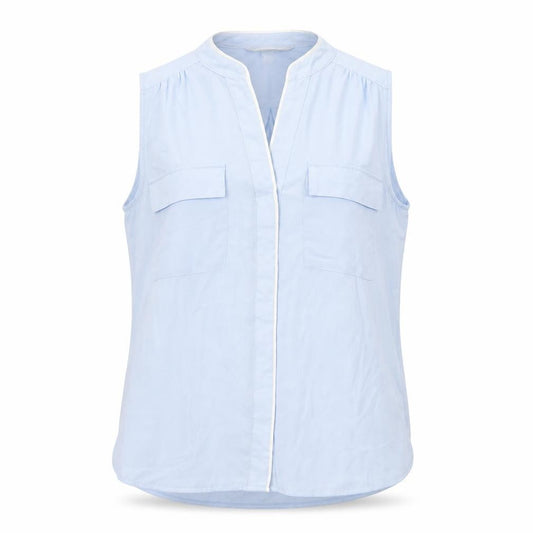 Front view of H&M women’s blue polyester basic button-up, size UK 6, v-neck