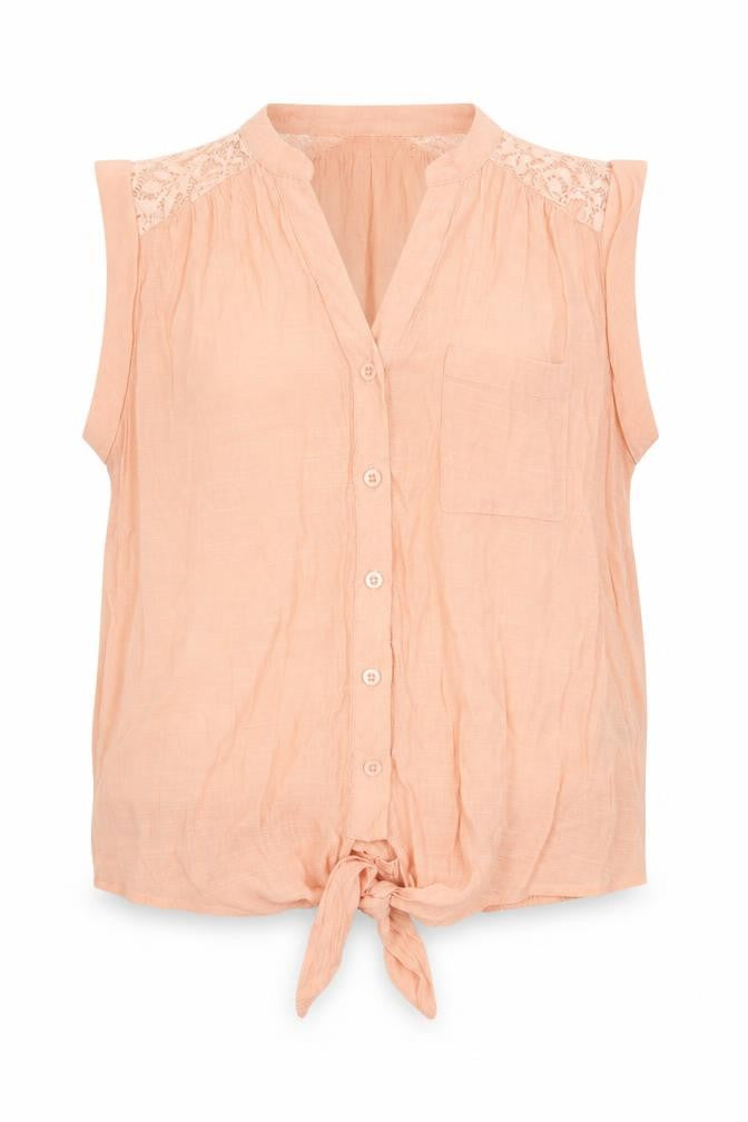 Front view of Pearl women’s pink cotton basic button-up, size S, v-neck