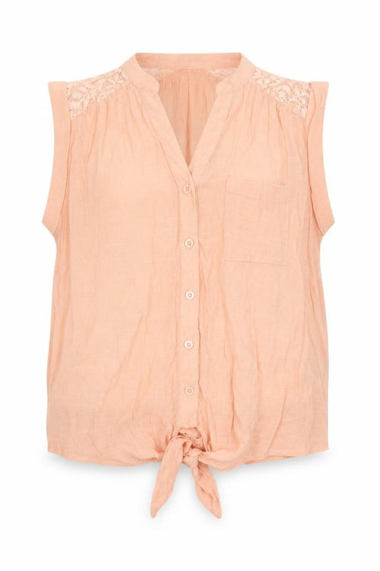 Front view of Pearl women’s pink cotton basic button-up, size S, v-neck