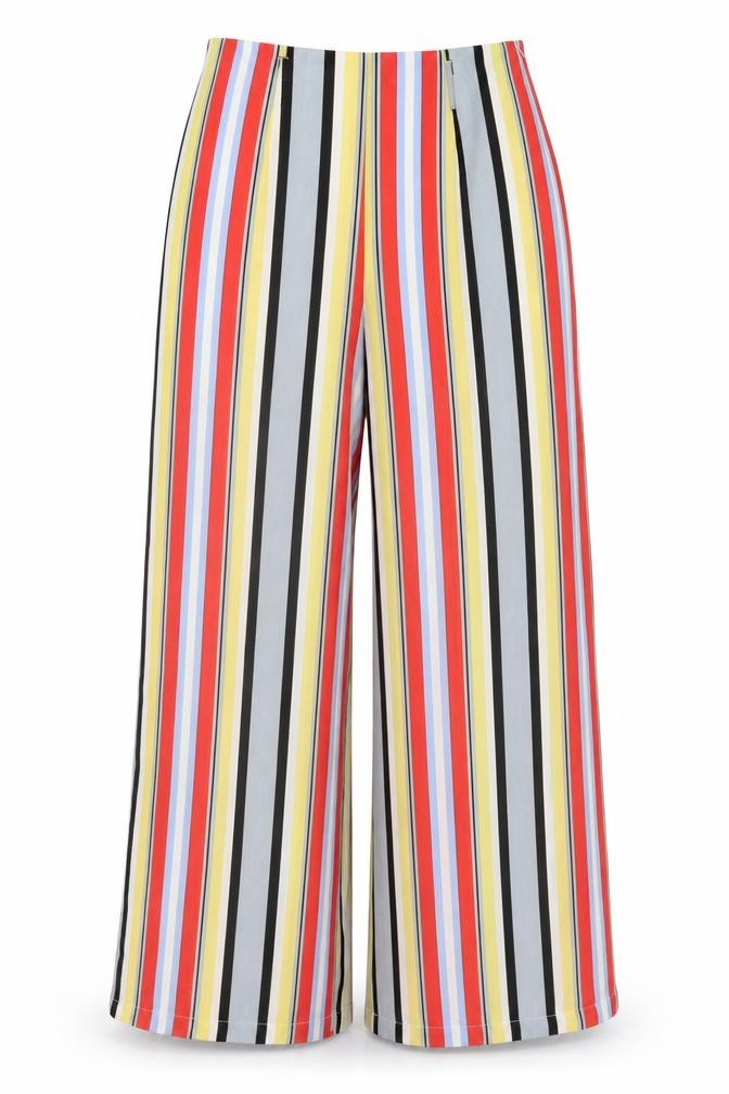 Front view of I SAW IT FIRST women’s multicoloured striped polyester trousers, size UK 10, 30-inch leg regular zip