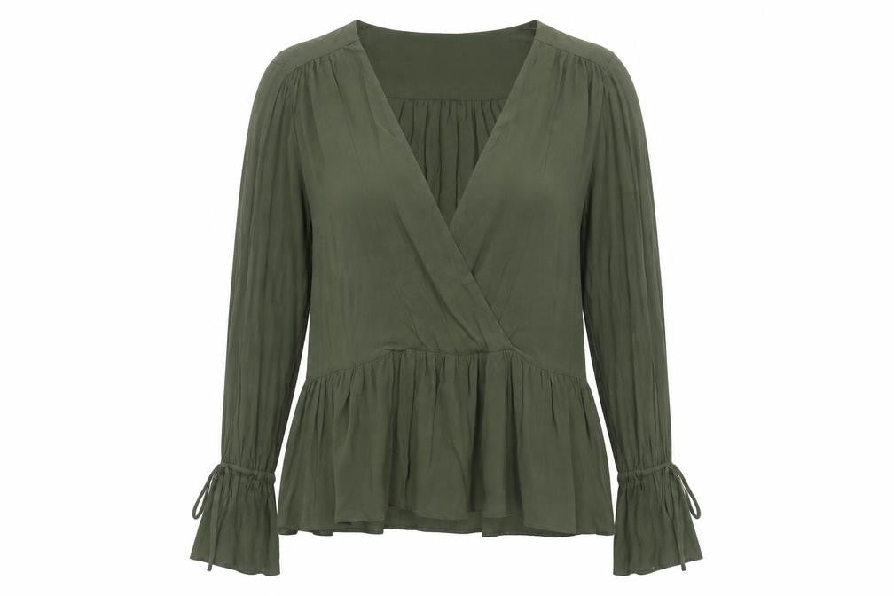 Front view of ASOS women’s green viscose basic blouse, size UK 12, v-neck