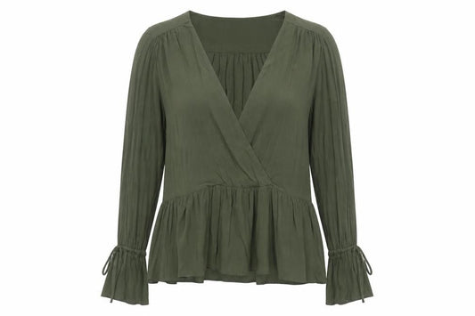 Front view of ASOS women’s green viscose basic blouse, size UK 12, v-neck